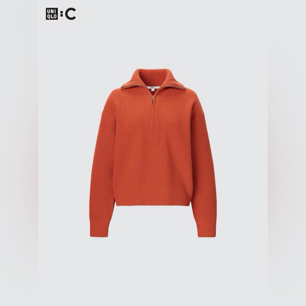 Uniqlo x Clare PREMIUM LAMBSWOOL LONG SLEEVE HALF-ZIP SWEATER Orange Small